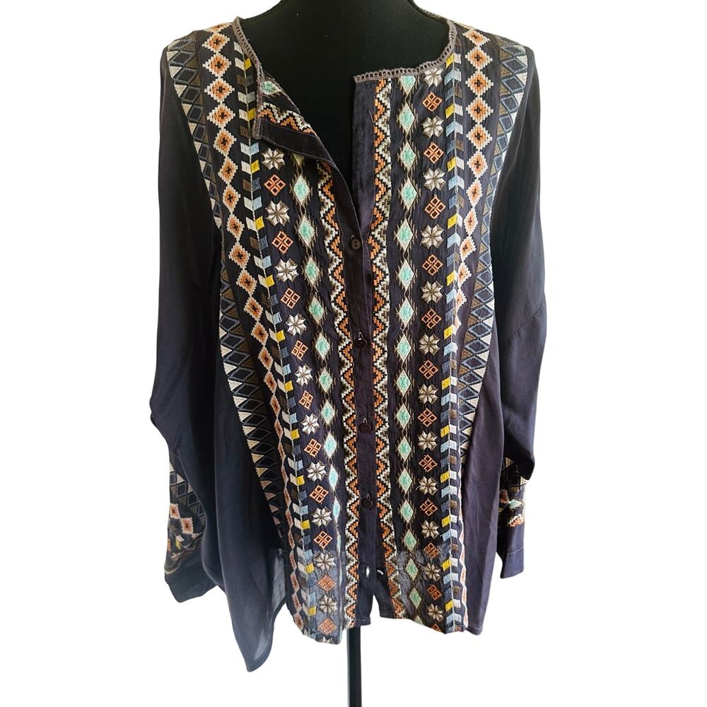 Johnny Was Cenote Embroidered Georgette Button Front Blouse - Size Large